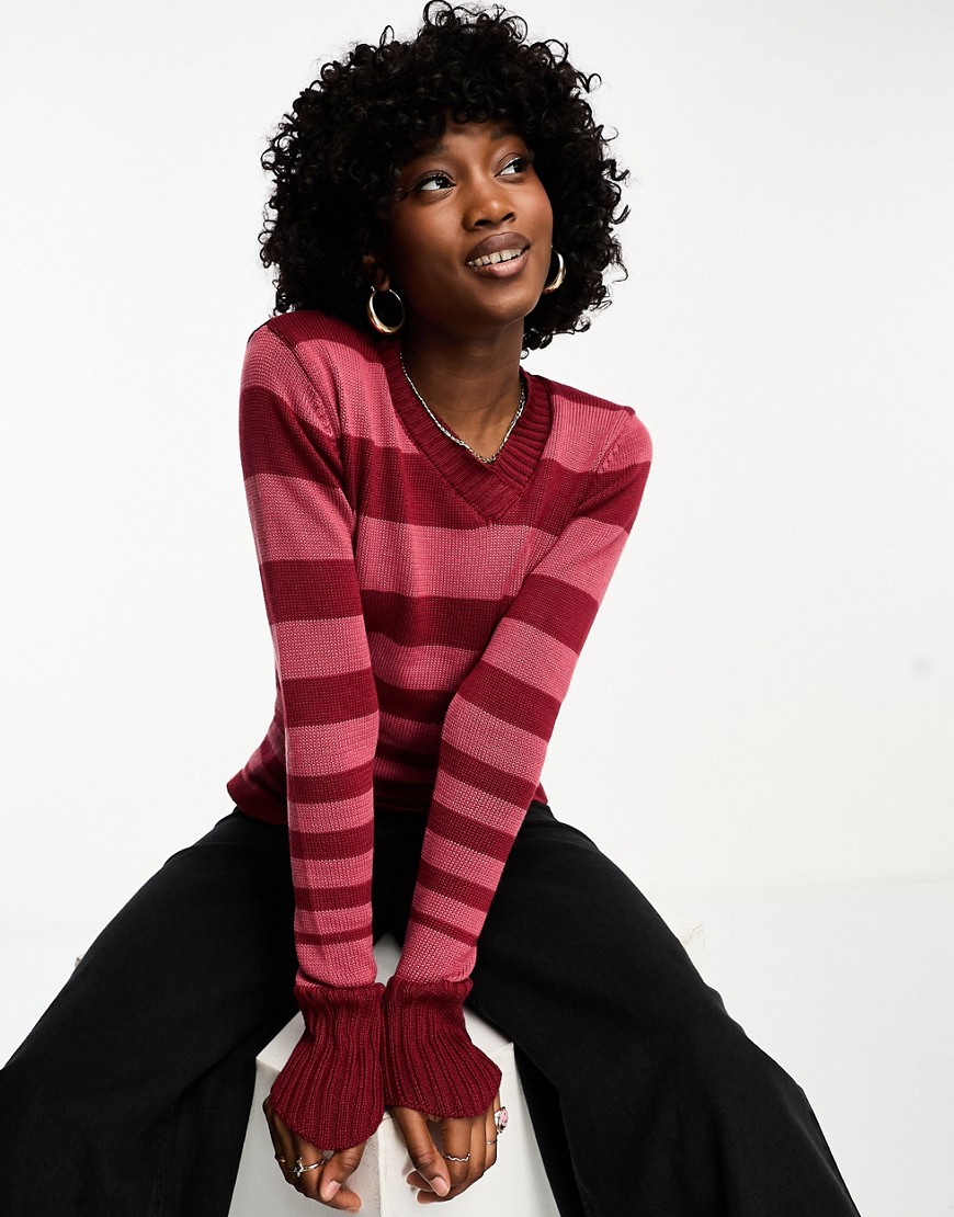 Tammy Girl asymmetric neckline jumper with sleeve detail in open pink stripe knit