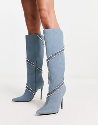 Tammy Girl embellished heeled knee boots in denim - ASOS Price Checker