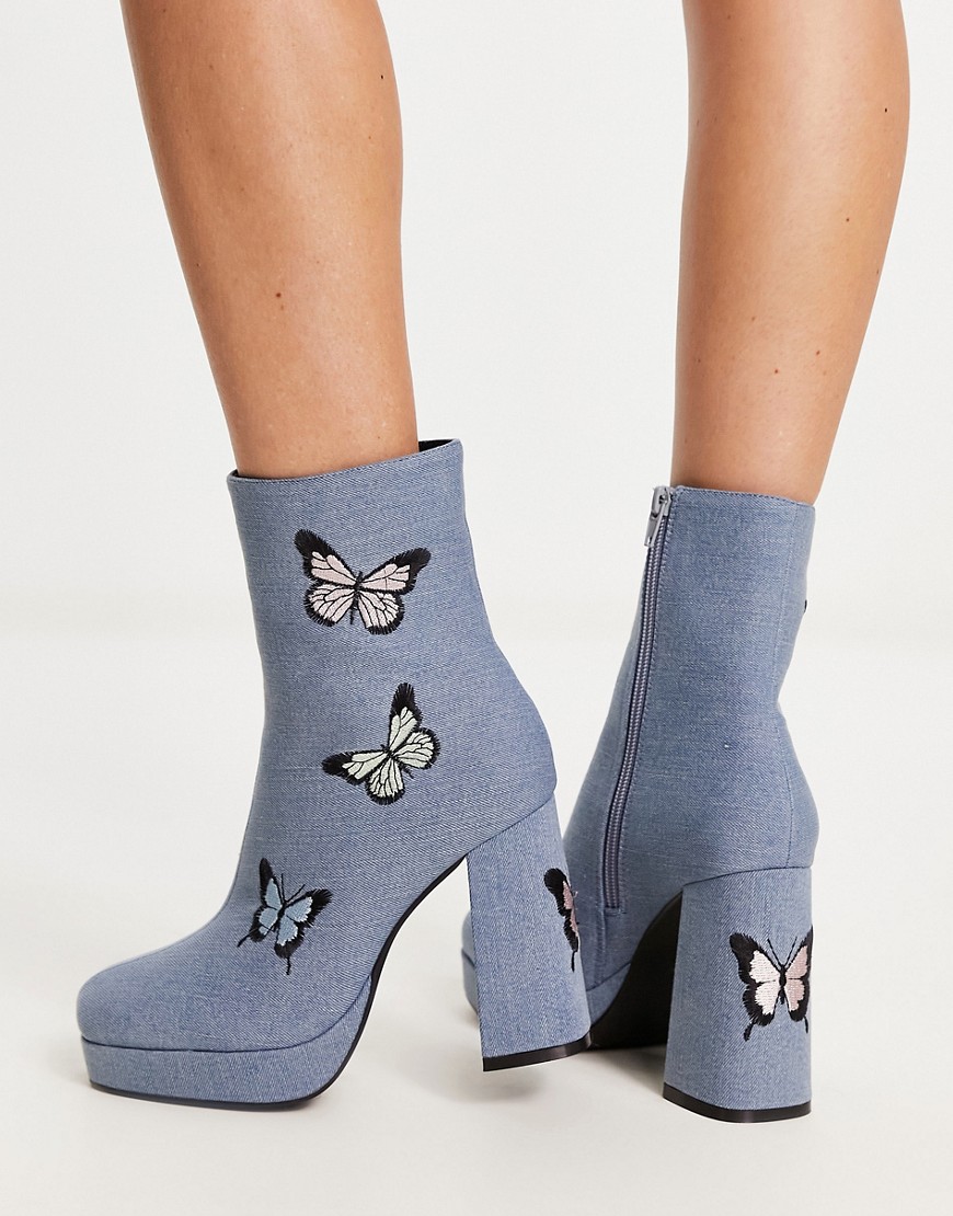 Tammy Girl butterfly heeled ankle boots in denim-Blue