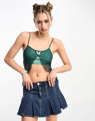 Tammy Girl - Camisole-Oberteil aus Netzstoff in Blaugrün mit offener Vorderseite und Schmetterlingsdetail