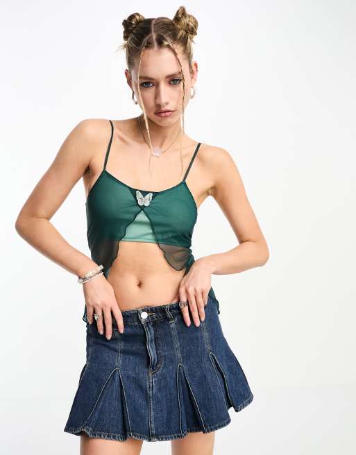 Tammy Girl - Caraco en tulle ouvert devant à motif papillon - Bleu sarcelle