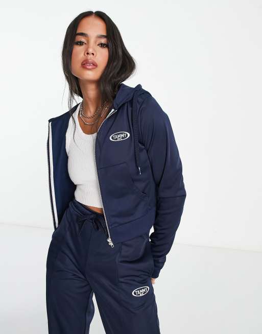tammy girl cropped hoodie 90s tracksuit in navy co-ord