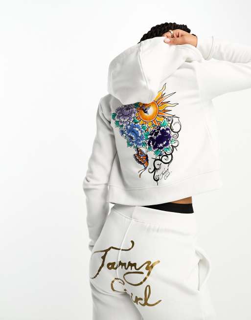 Tammy Girl cropped hoodie with back graphic in white (part of a set)