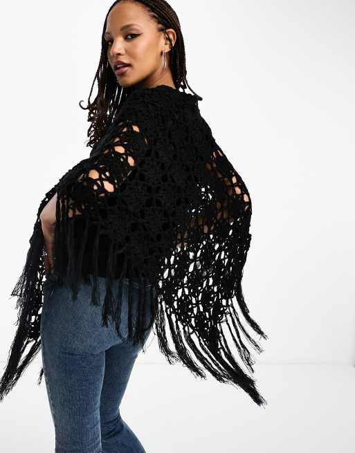 Tammy Girl – Czarne poncho z szydełkowanej dzianiny retro w stylu retro lat 2000