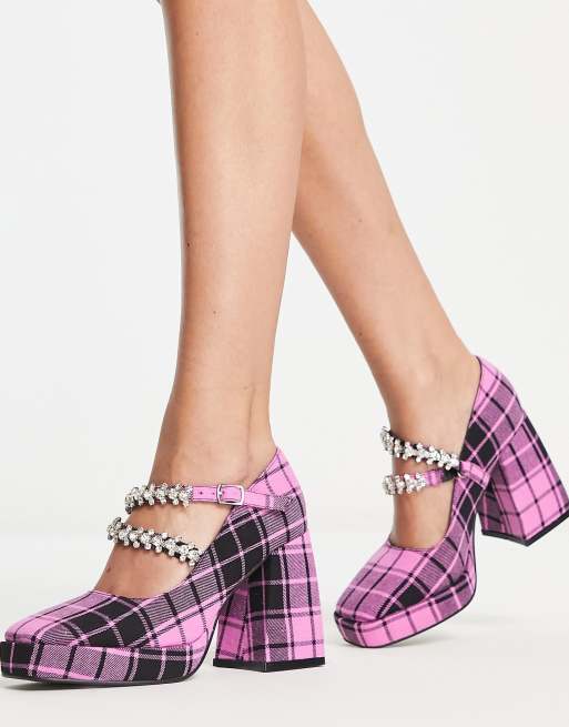 Tammy Girl embellished heeled loafers in pink check print | ASOS