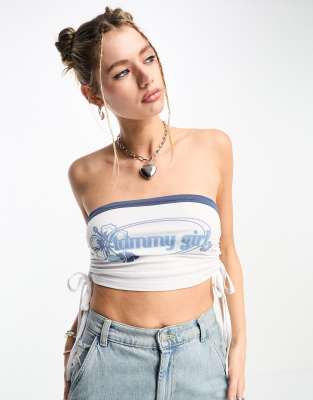 Tammy Girl Tammy Girl graphic bandeau crop top with ruched tie sides in white