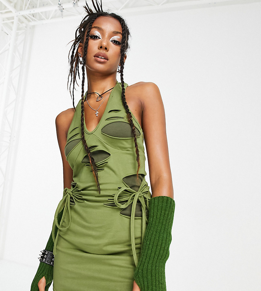Tammy Girl halter neck mini bodycon dress with cut out overlay detail in khaki-Green