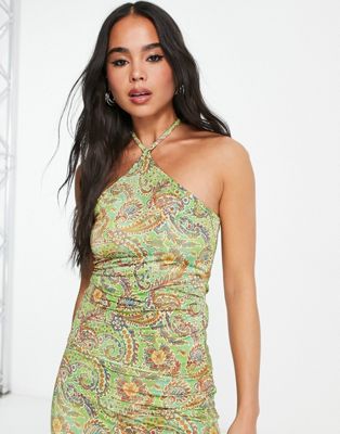 Tammy Girl halter neck Y2K top in green paisley co-ord