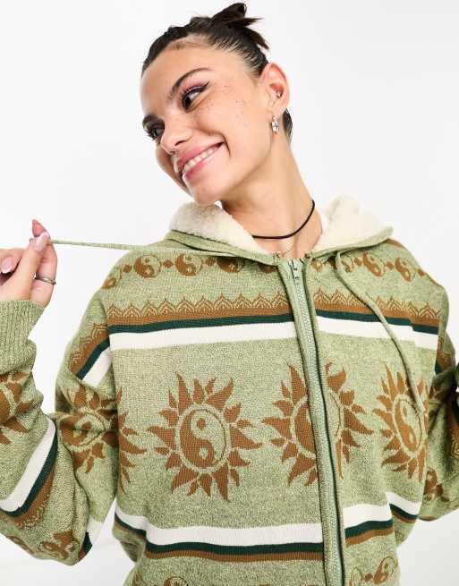 Tammy Girl intarsia knitted hoodie jacket with borg lining