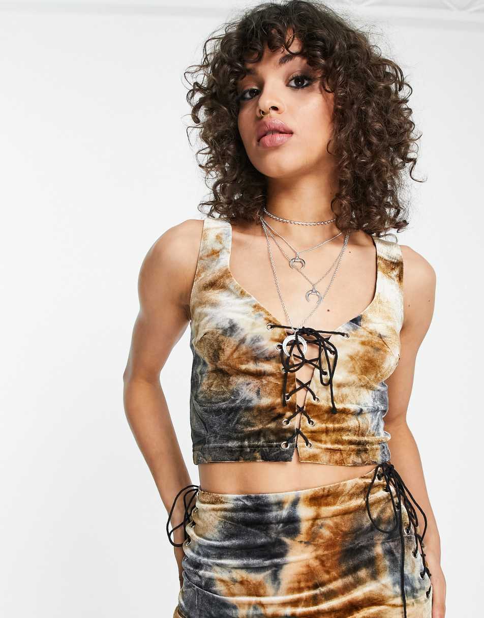 Tammy Girl lace-up detail velvet co-ord crop top in multi