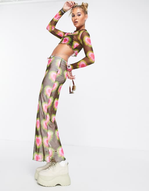 Tammy Girl - Lange rok van mesh met taille met strik in bubbelhartprint, deel van co-ord set