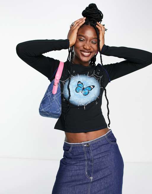 Tammy Girl long sleeve fitted top with Y2K butterfly print in