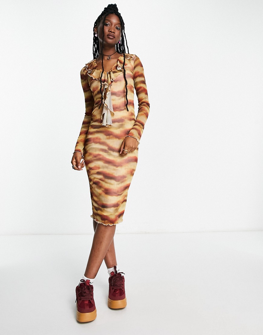 Tammy Girl long sleeve Y2K frill detail midi dress in grunge print-Multi
