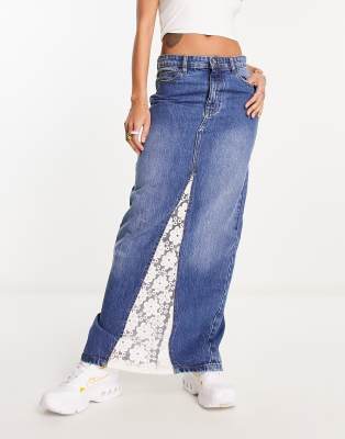 Tammy Girl - Maxi-Jeansrock im Stil der 90er mit Spitzeneinsatz-Grün