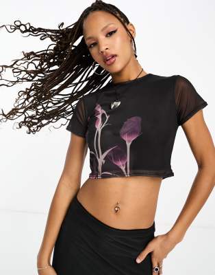Tammy Girl Tammy Girl mesh baby tee in printed grunge floral co-ord-Black