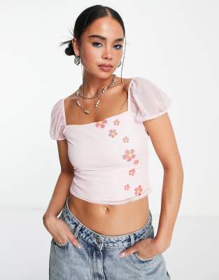 Stradivarius ruched mesh top in pink