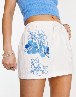 Tammy Girl micro mini cargo skirt with hibiscus embroidery in white