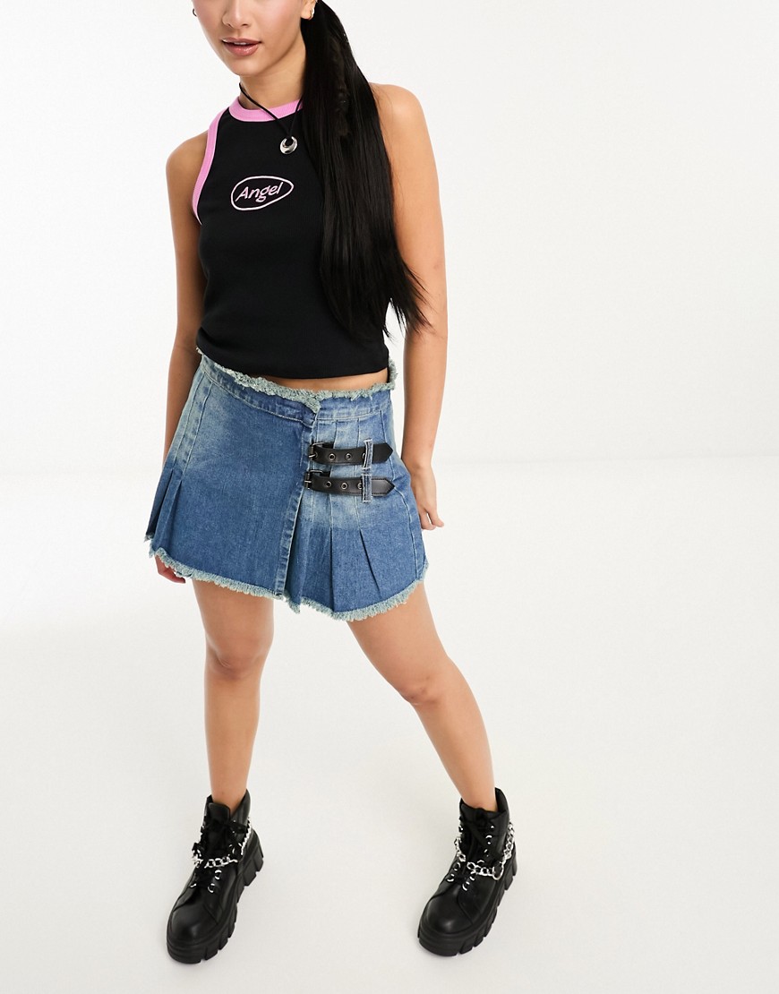 Tammy Girl mid rise distressed denim mini skirt with buckle details-Multi