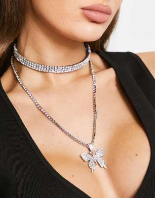 Tammy Girl multirow necklace with butterfly shape pendant in silver crystal