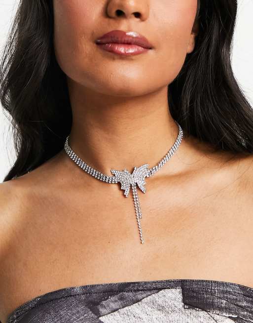 Tammy Girl – Naszyjnik choker w odcieniu srebra z motylem z kryształków