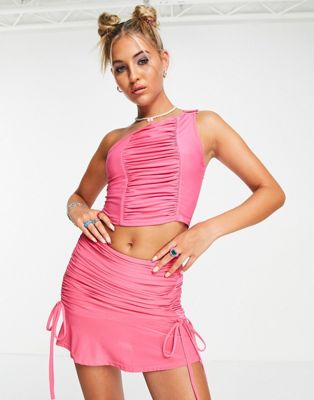 Tammy Girl one shoulder detail ruched top in pink with buckle detail co-ord