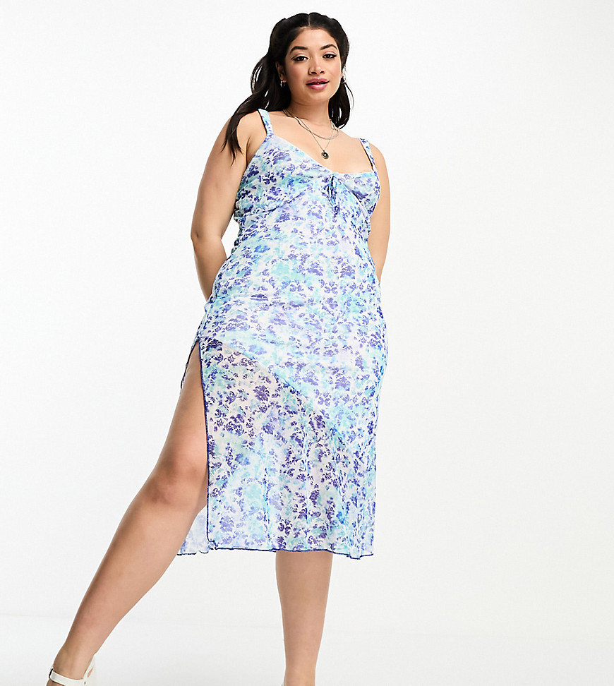 Tammy Girl Plus 90s cami midi dress in blue ditsy and bow detail-Multi