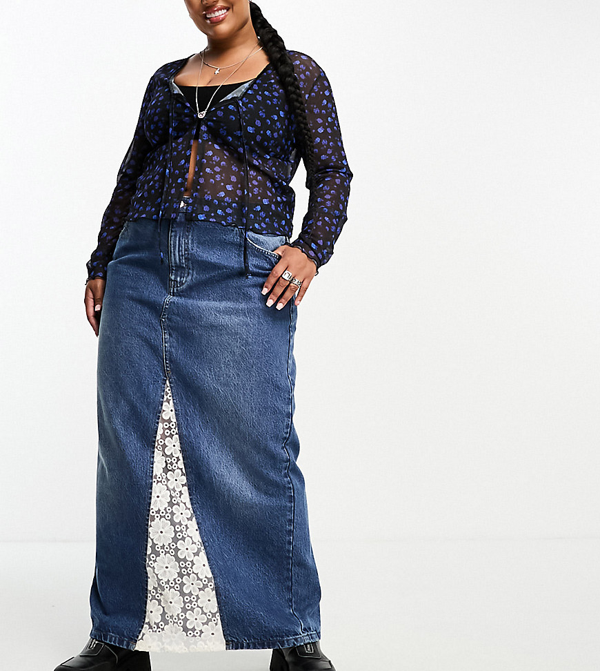 Tammy Girl Plus 90s maxi denim skirt with lace insert-Blue