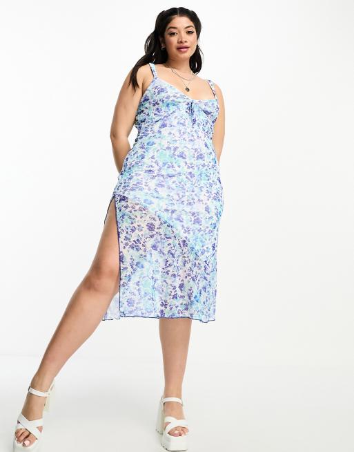 Tammy Girl Plus - Blå 90'er-cami-midikjole med småprint og sløjfe