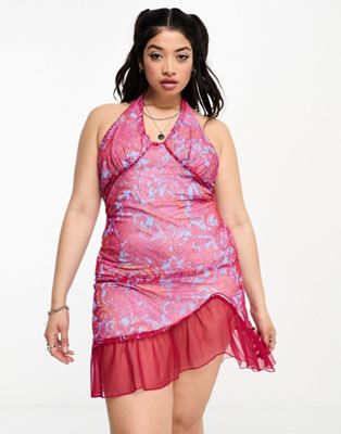 Tammy Girl Plus halter neck mini dress with split front in pink print - ASOS Price Checker
