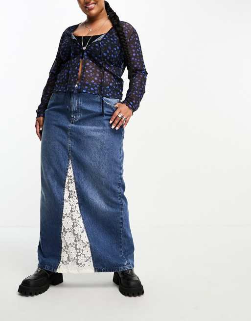 Tammy Girl Plus - Jupe longue en jean style années 90 à empiècements en dentelle