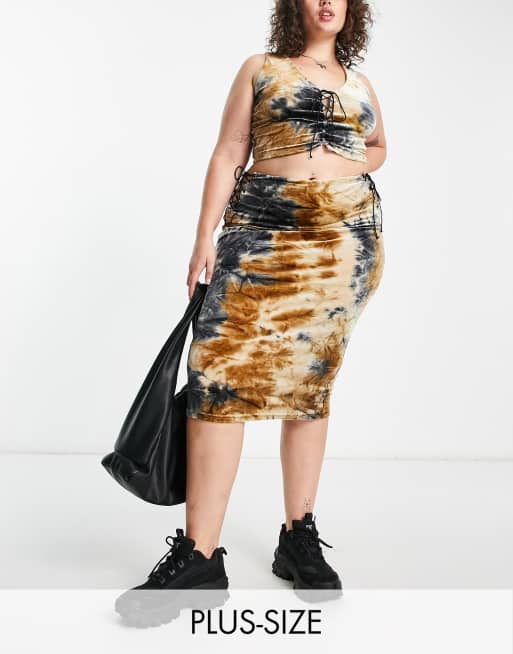 Tammy Girl Plus lace-up detail velvet midi skirt in multi (part of a set)