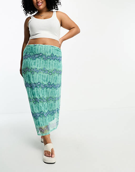 Tammy Girl Plus mesh midi skirt in blue batik print | ASOS