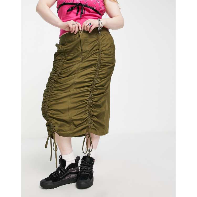 Tammy Girl Plus ruched front midi cargo skirt in khaki