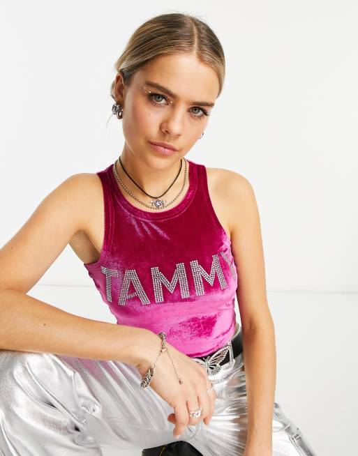 Tammy Girl Racer Back Velvet Crop Top With Rhinestone Logo Asos