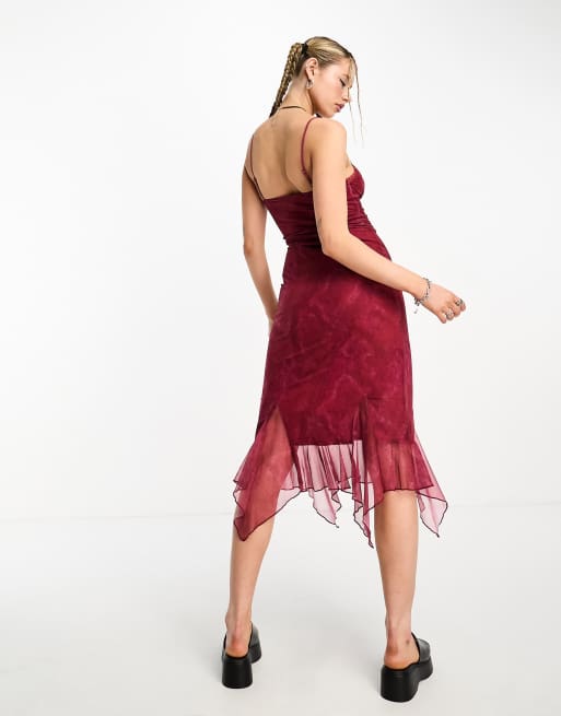 tammy asymmetrical hem midi dress Girl ruched bust asymmetric in retro print trimmed midi hem Size:us 12 Illusion 90's Silk Cowl Neck
