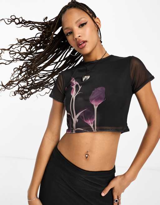 Tammy Girl – Siateczkowy obcisły T-shirt ze wzorem kwiatów w stylu grunge, część zestawu