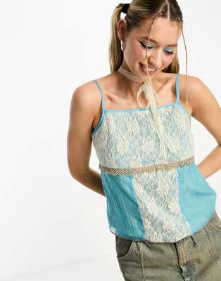 Tammy Girl square neck cami top with lace panels in vintage organza