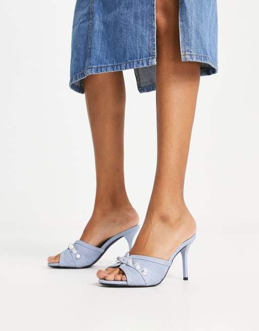 Tammy Girl studded mid heeled sandals in light denim | ASOS