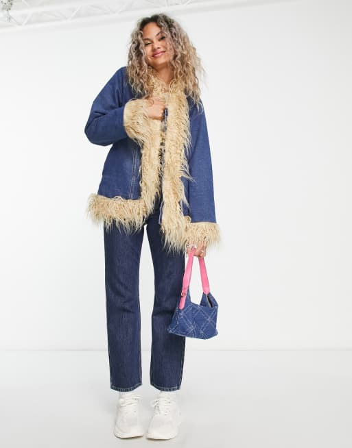 Long denim jacket with fur hot sale