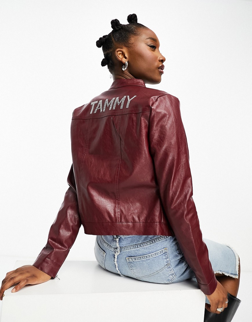 Tammy Girl Y2K faux leather biker jacket with rhinestone logo-Red