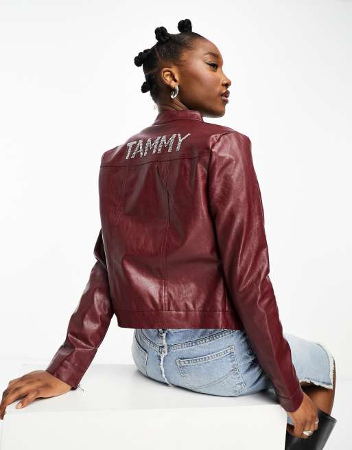 Women's burgundy leather biker on sale jacket