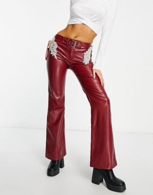 Tammy Girl Y2K low rise faux leather trousers with hip jewel embellishment in deep red - ASOS Price Checker
