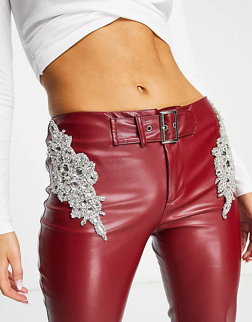 Tammy Girl Y2K low rise faux leather trousers with hip jewel embellishment  in deep red