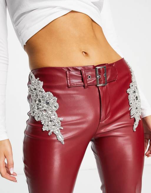 Girl low rise faux leather trousers with jewel embellishment in deep red | ASOS