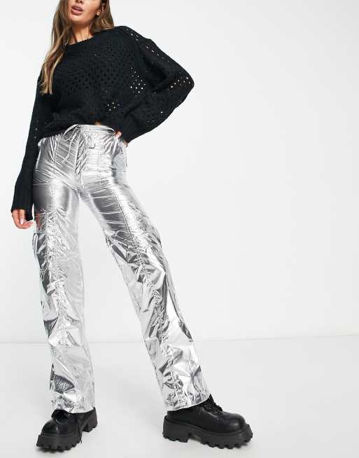 YOOTIKO Parachute Pants for Women Metallic Pants Silver Y2K High