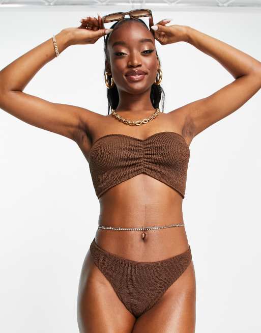 Tanga de bikini marrón chocolate con acabado rugoso Mix Match de