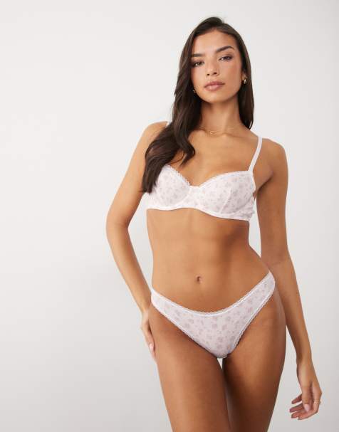 Tanga de punto pointelle con estampado de florecitas lilas y ribete de encaje Faye de ASOS DESIGN - view 1