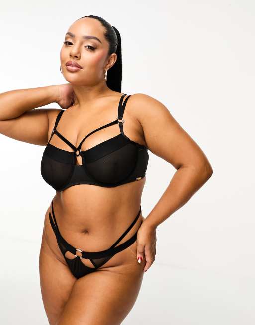 Tanga negro con diseño de tiras de malla y terciopelo de We Are We Wear Curve