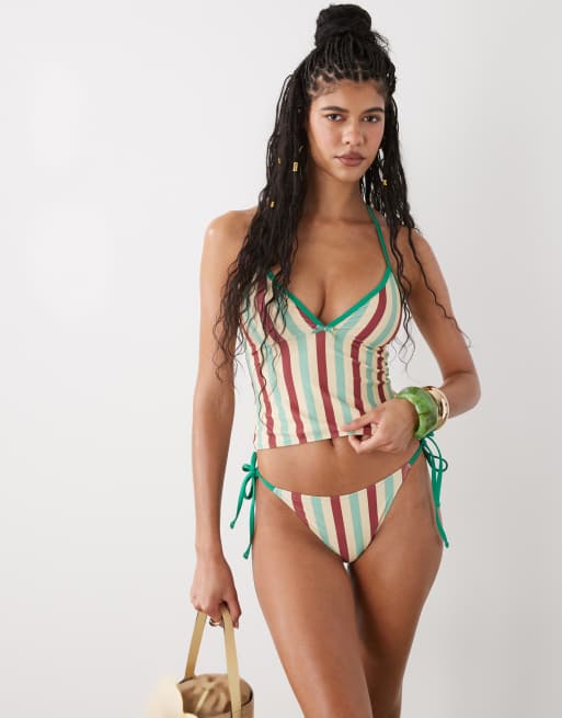 Tankini verde y amarillo a rayas retro de Reclaimed Vintage