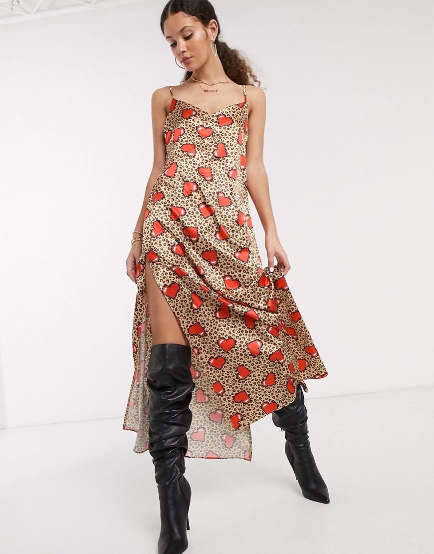 Tara Khorzad - Lange cami-jurk met hoge splitten, hartjes en luipaardprint-Multi